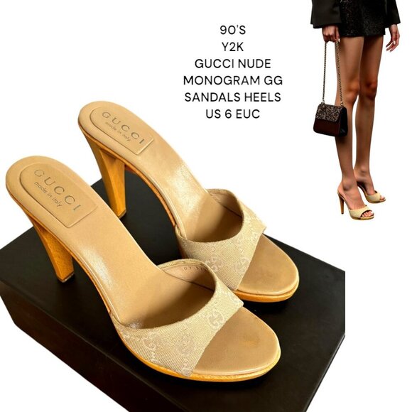 90'S Y2K AUTHENTIC‎ GUCCI NUDE LOGO MONOGRAM SANDALS SLIDES HEELS US 6 EUC - Picture 1 of 7